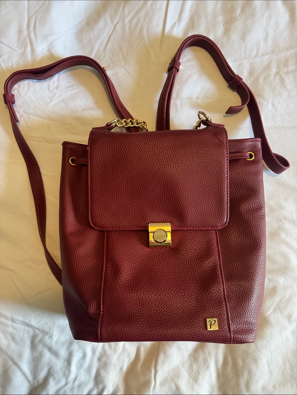 Women’s Burgundy Leather Crossbody Backpack - Gold Hardware